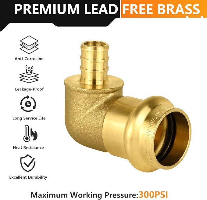 5-Pack HeSun Copper Press Fitting Elbow, 3/4" PRESS X 1/2" PEX F1807 Crimp Elbow, LF Brass