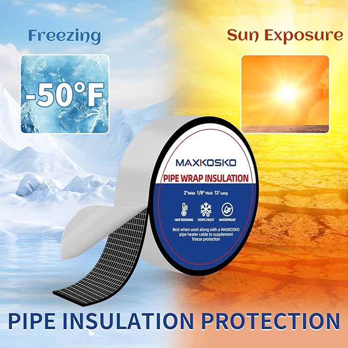 MAXKOSKO Pipe Insulation Tape, 13 Ft x 2 in Outdoor Water Pipe Wrap Insulation Roll, Foam Insulated Wrap Self-Adhesive for Pipe Freeze Protection, Heat Tape for Water Pipes, Copper PVC AC Line