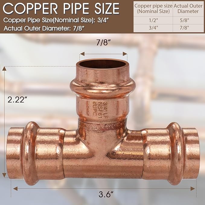 Copper Press Fittings Tee 3/4 inch Copper Coupling,12PK Press Fit Tee for Copper Tube,Zero Lead Coppers Tees Fittings with 3/4” PxPxP,Outer Diameter 7/8”,Use with Hydraulic Press Fitting Tool