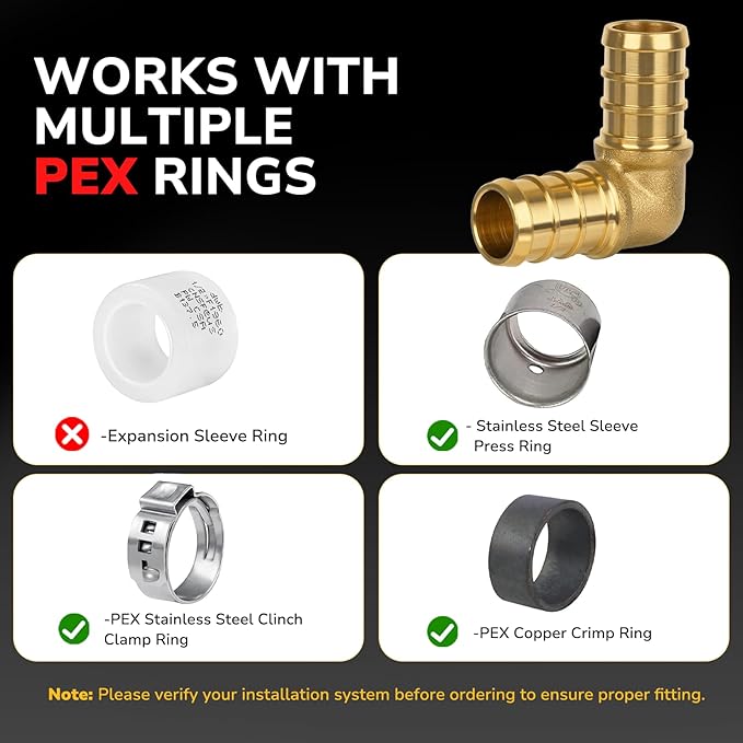 10 Pack Pex Fittings, 1/2" Pex 90 Degree Elbow, Heavy-Duty Brass Crimp Fittings for PEX Pipes with Leak-Resistant Construction, NSF & UPC Certified