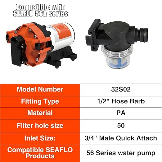 SEAFLO Inline Water Pump Filter 52S02-3/4" Male Quick Attach with 1/2" Hose Barb, 50 MeshSteel Strainer with Plastic Shell, Fits SEAFLO 56 Series Pumps, RV, Marine, Agriculture, Lawn Care (25-Pack)