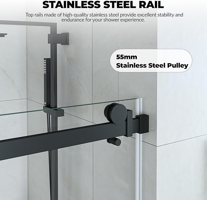 Frameless Sliding Shower Door Enclosure - 56 to 60 Inch Adjustable Width x 76Inch Height, 8mm Coated Tempered Safety Glass with Easy Clean, Square Stainless Steel Rail, Matte Black for Modern Bathroom