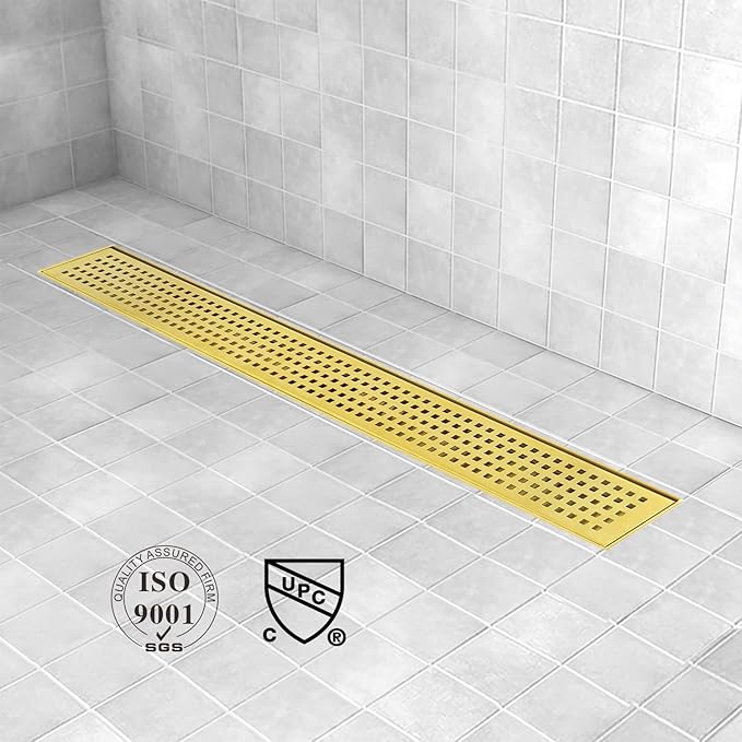 Linear Shower Drain, 32 inch Gold Drain with Removable Grate Cover, Brushed 304 Stainless Steel Shower Floor Drain, Linear Drain with Hair Strainer and Adjustable Feet