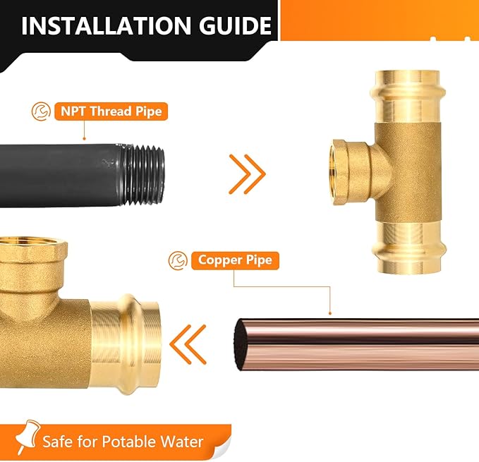 5-Pack HeSun Copper Pressure Fitting Tee, 3/4"PRESS x 3/4"PRESS x 3/4"Female NPT Tee, LF Brass