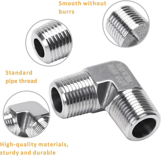90 Degree Street Elbow - 1/2" NPT Male to 1/2" NPT Male Stainless Steel 304 Heavy Duty Forged Barstock Street Elbow Adapter Pipe Fitting (pack of 5)