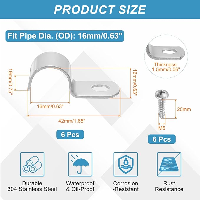 uxcell 6Pcs 16mm(5/8") One Hole Rigid Pipe Strap, 304 Stainless Steel Conduit Clamp Thicken U Bracket Heavy Duty Pipe Clamp with Self-Tapping Screws for Fixing Tube Cable, Silver