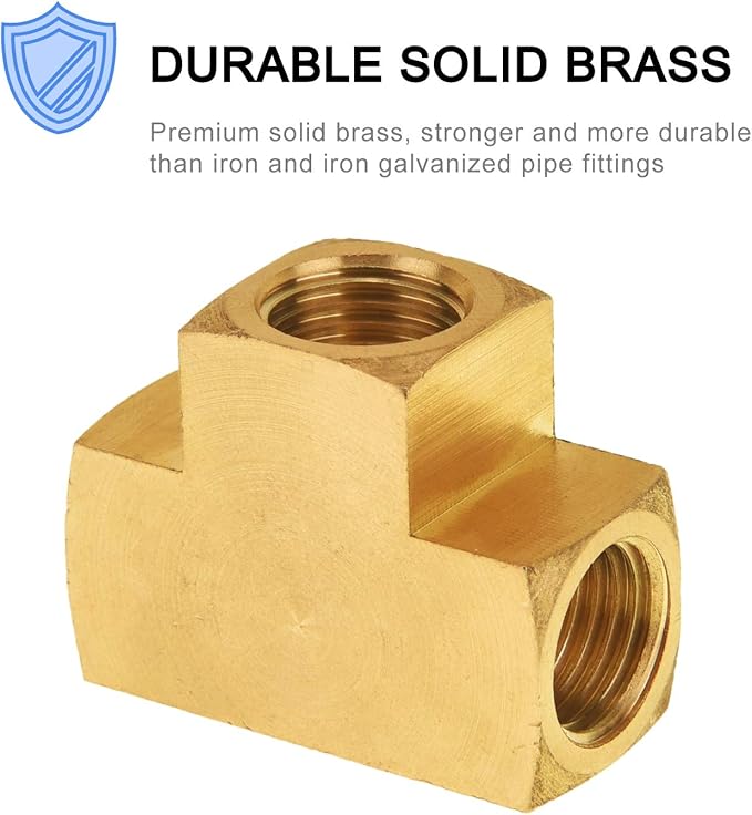 SUNGATOR 1/4'' Barstock Tee Fittings, 1/4" Inch NPT Female Brass Pipe Fittings, 1/4'' NPT Female Brass Barstock Tee Fittings for Air Compressor, Gas Line (2-Pack)