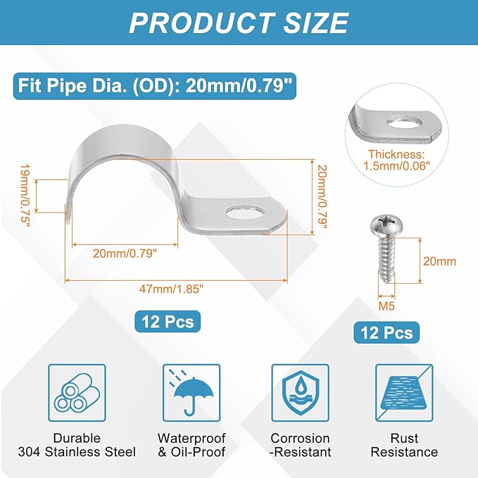uxcell 12Pcs 20mm(13/16") One Hole Rigid Pipe Strap, 304 Stainless Steel Conduit Clamp Thicken U Bracket Heavy Duty Pipe Clamp with Self-Tapping Screws for Fixing Tube Cable, Silver