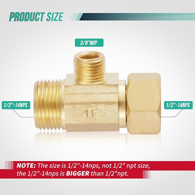 1 Pack Lead-Free Brass, Angle Stop Add-A-Tee Valve,Splitting Water Supply,1/2"-14NPS x 1/2"-14NPS x 3/8"MIP, 3 Way Adapter Or Tee Connector With A Sealing Tape