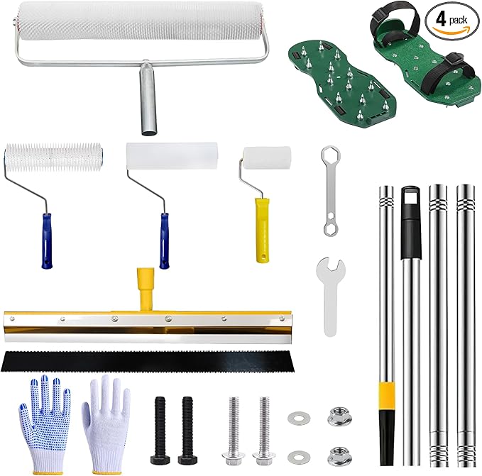 Self Leveling Cement Tool kit, Spiked Roller with Extension Pole for Self Leveling, Paint Rollers, Epoxy Tool Kit, Epoxy Shoes Spikes for Concrete and Cement Flooring(Basic)