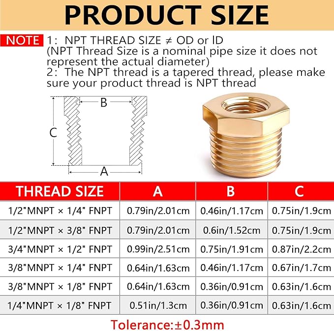 Brass Hex Bushing Reducing Bushing Pipe Fitting,1/4" to 1/8", 3/8" to 1/8", 3/8" to 1/4", 1/2" to 1/4", 1/2" to 3/8",3/4" to 1/2" NPT Brass Fitting Reducer Adapter