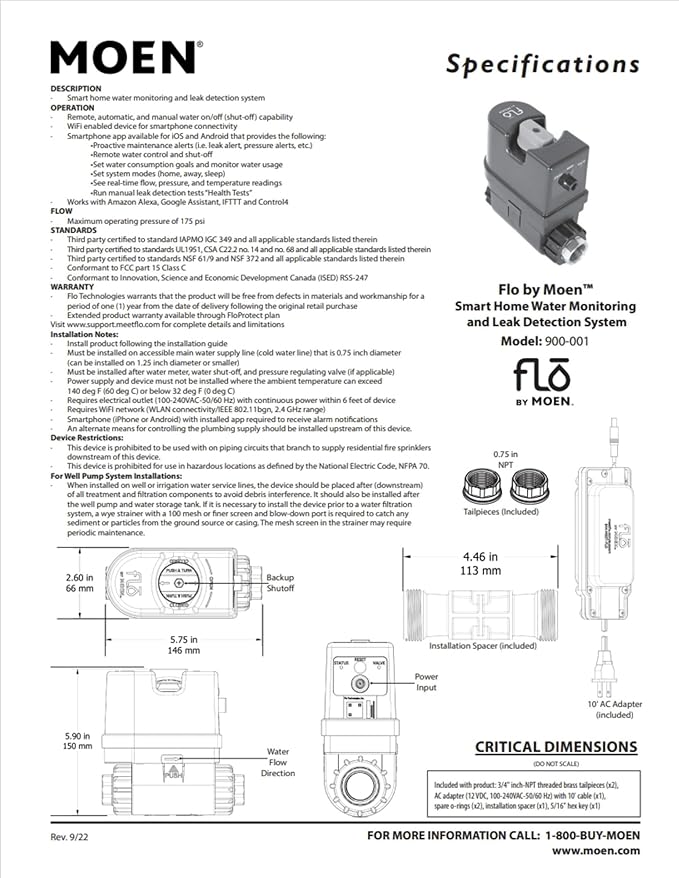 Moen Flo Smart Water Monitor and Automatic Shutoff Sensor, Wi-Fi Water Leak Detector for 3/4-Inch Diameter Pipe, 900-001