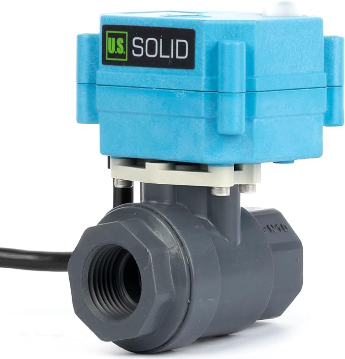 U.S. Solid 3/4” PVC Motorized Ball Valve - Plastic Electrical, US Plug, IP 67, Manual Override, 2 Wire Auto Return, AC 110~230V, Normally Closed