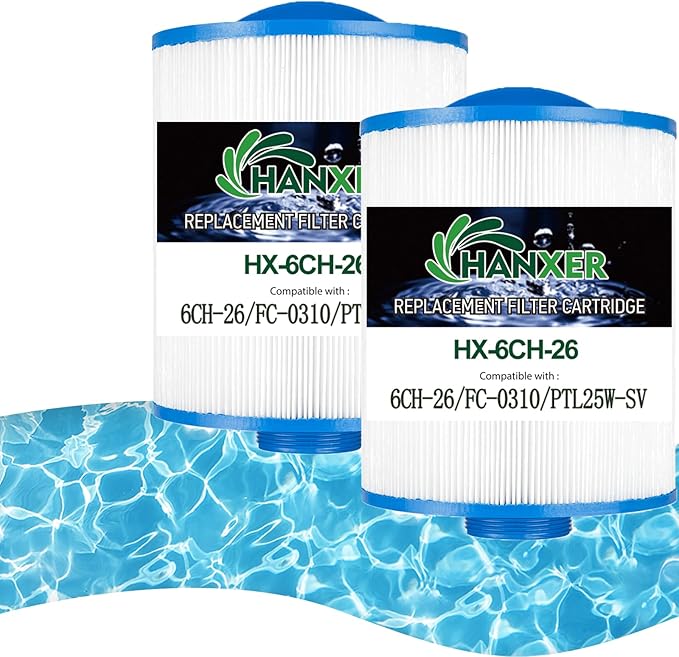 HANXER® 6CH-26 Spa Filter Cartridge Replaces for PTL25W-SV, FC-0310, 60252, 1 1/2" Male Thread/MP Hot Tub Filter, 25 sq.ft, 2 Pack