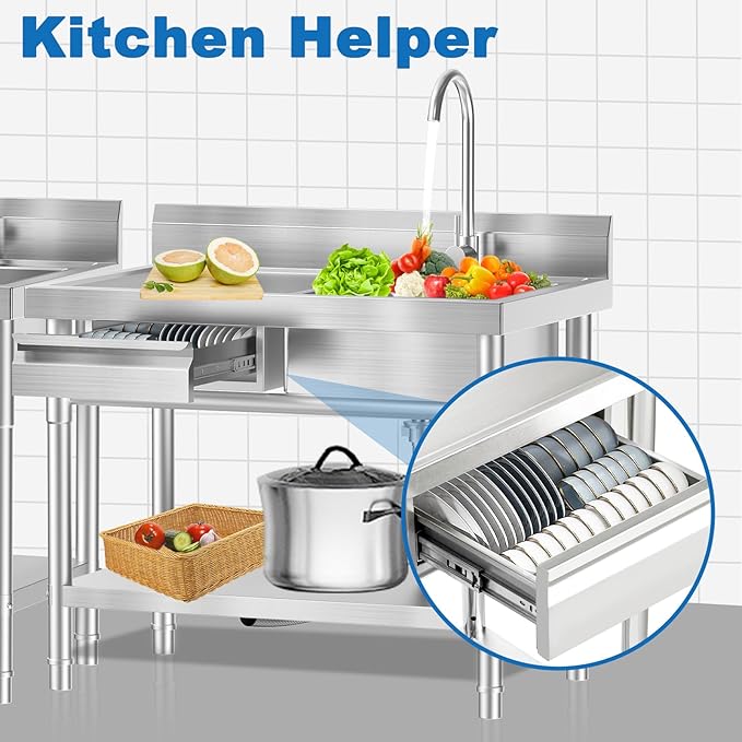 Stainless Steel Utility Sink Freestanding Single Bowl Laundry Sink with Hot and Cold Water Plumbing Workbench Drawers for Laundry Room Farmhouse Indoor and Outdoor Sink