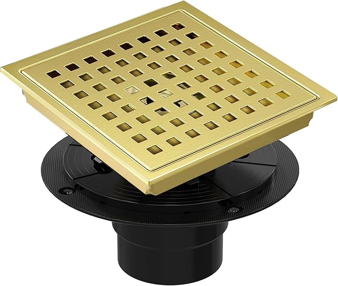 6 Inch Square Shower Floor Drain, Shower Drain Kit with Flange, Square Shower Drain, SUS 304 Stainless Steel Floor Drain,Golden