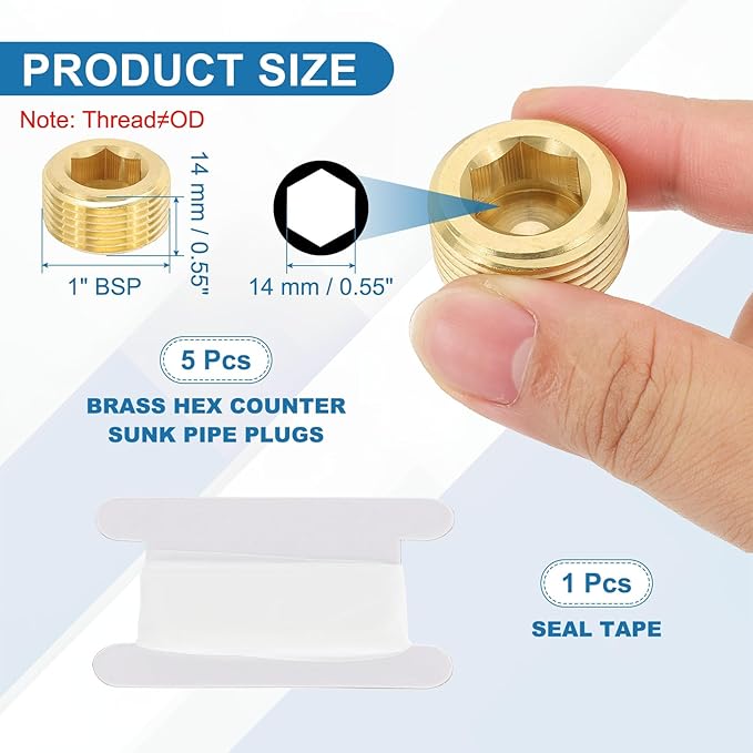 PATIKIL 3/4" BSP Male Pipe Plug Fitting, 5Pcs Brass Hex Counter Sunk Plug Brass Male Connector Socket for Closing the End of Pipe Industrial Machinery Fittings