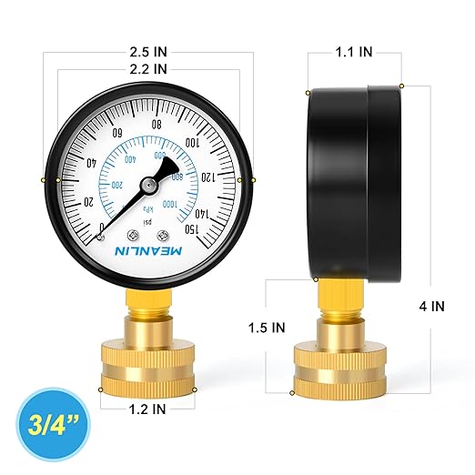 MEANLIN MEASURE 0-150psi Water Pressure Gauge,3/4" Female 2.5" FACE DIAL Water Pressure Test Gauge with Sealing Ring, Water Pressure Gauge for Home