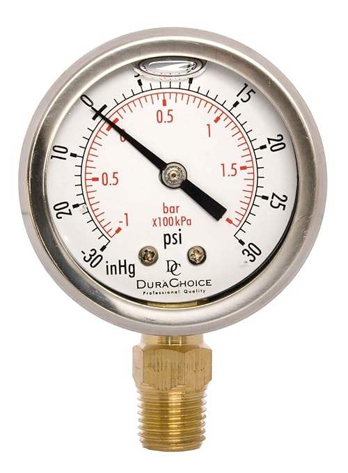 2" Oil Filled Vaccum Pressure Gauge - Stainless Steel Case, Brass, 1/4" NPT, Lower Mount Connection, 30HG/30PSI