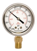 2" Oil Filled Vaccum Pressure Gauge - Stainless Steel Case, Brass, 1/4" NPT, Lower Mount Connection, 30HG/30PSI