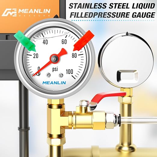 MEANLIN MEASURE 0~100Psi Pressure Gauge, Glycerin Filled 1/8" NPT 1.5" FACE DIAL, Stainless Steel Liquid Filled Pressure Gauge WOG Water Oil Air Lower Mount (with 2PCS Snaps)