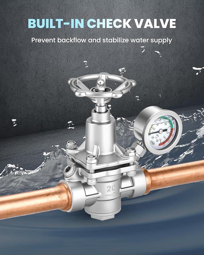 Water Pressure Reducing Valve 3/4 NPT Female Union, Stainless Steel, Pressure Gauge, Handwheel Adjustment
