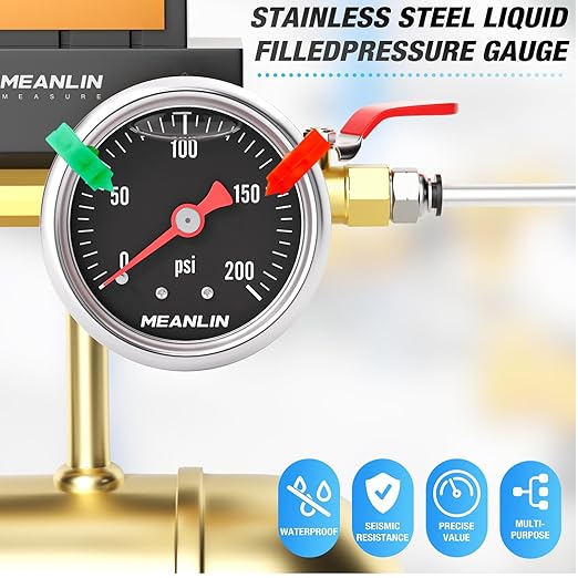 MEANLIN MEASURE 0~200Psi Black Stainless Steel Pressure Gauge, Glycerin Filled 1/8" NPT 1.5" FACE DIAL, Liquid Filled Pressure Gauge WOG Water Oil Air Back Mount (with 2PCS Snaps)