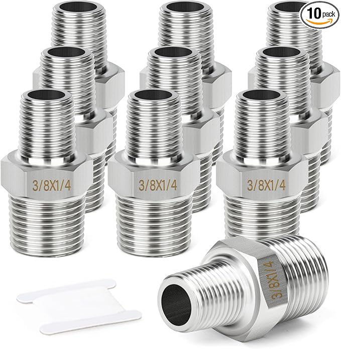 TAISHER 10PCS 304 Stainless Steel New Hex Nipple, 3/8" NPT Male x 1/4" NPT Male, Reducing Pipe Adapter Fitting