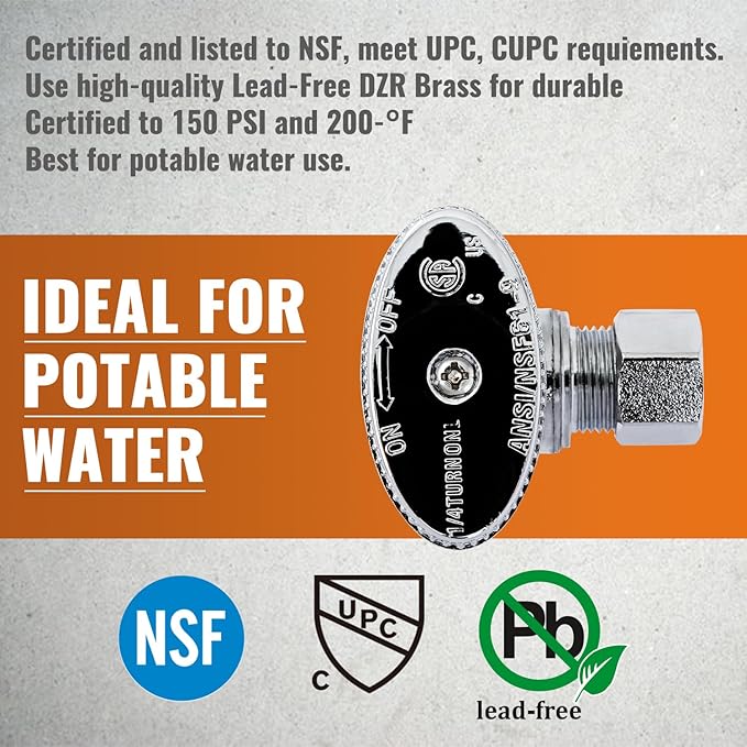 SUNGATOR 6-Pack Pex A Angle Stop Valve, 1/2" Pex A Expansion x 3/8" OD Compression, 1/4 Turn Chrome Plated Brass Shut Off Valve