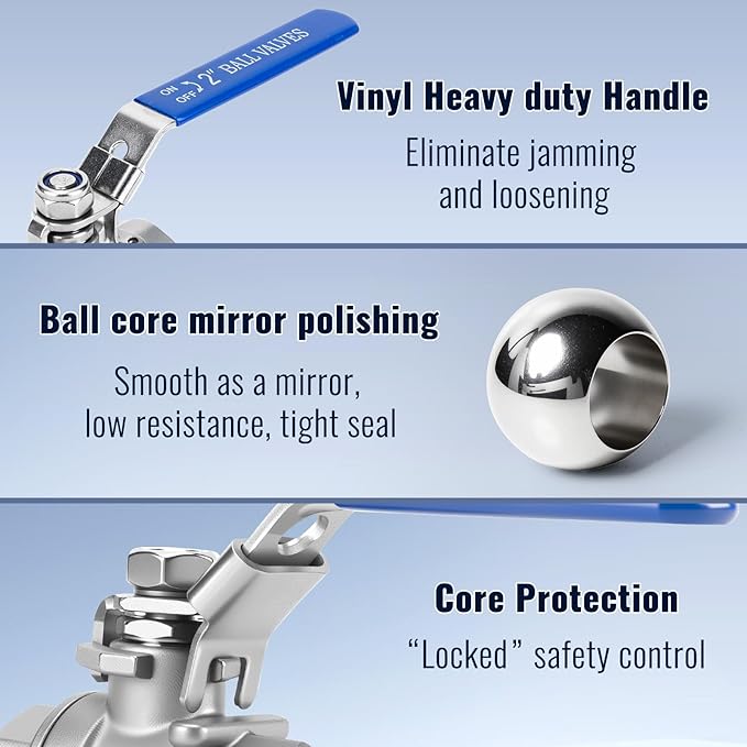 2 Pack 2" Ball Valves NPT Female Valve 304 Stainless Steel Full Port Locking Ball Valve Handle, Heavy Duty Shut Off Valve for Home and Industrial (2 Inch)