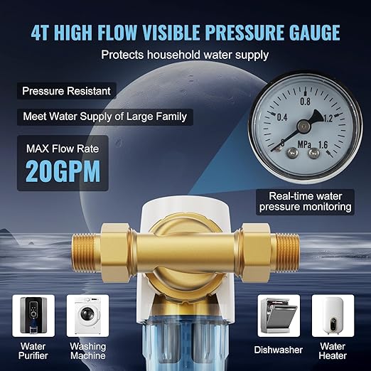 VEVOR Spin Down Sediment Filter, 360 Mountable, 4th Gen Backwash Pre-Filtration, Bi-Side Scraper Flush, 20 GPM Reusable Whole House Water Filter, Pressure Gauge, 3/4" MNPT
