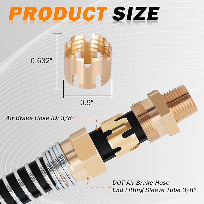 24PCS 3/8" DOT Air Brake Hose End Fitting-Brass Sleeve Tube for Hose End Connector,Sleeve Repair Tube for Air Hose Braking System Air Brake Fittings