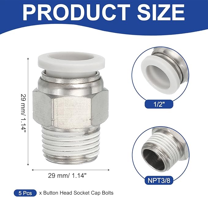MECCANIXITY 5 Pcs NPT Push to Connect Air Fittings, Male Straight 1/2" Tube OD x 3/8" NPT Thread Air Quick Connector Coupling Adapter for Gas Hose Pneumatic Tools White