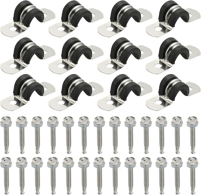 PATIKIL 12Pcs Pipe Clamps, 5/16 Inch 304 Stainless Steel Rubber Cushioned U Bracket Conduit Clamps Pipe Strap Wire Clips with Hexagonal Screw for Tube Hose Cord Installation, 8mm
