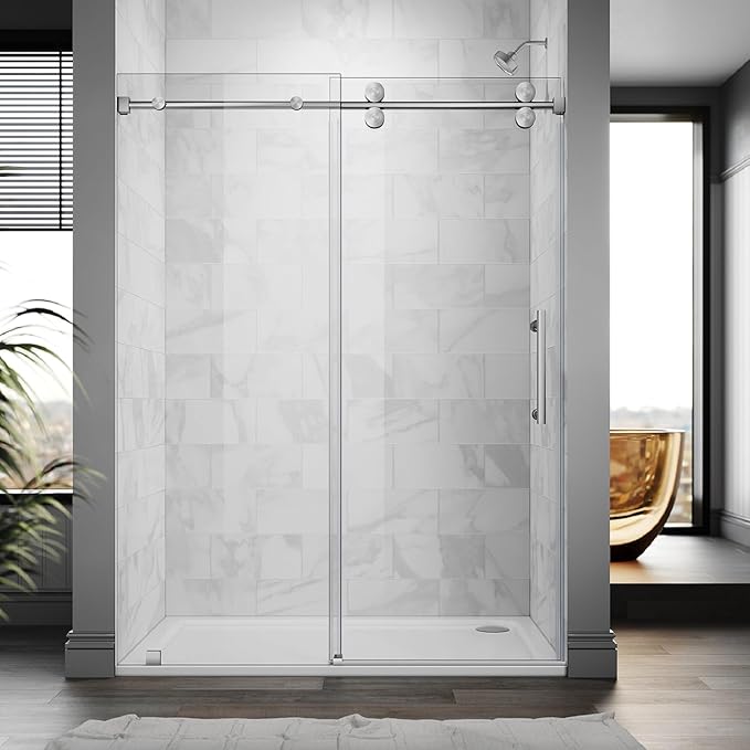 56-60 Inch x 84 Inch Sliding Frameless Shower Door, 3/8" Tempered Glass with Easy-Cleaning Coating, Stainless Steel Rollers & SGCC-Certified Stability, Brushed Nickel