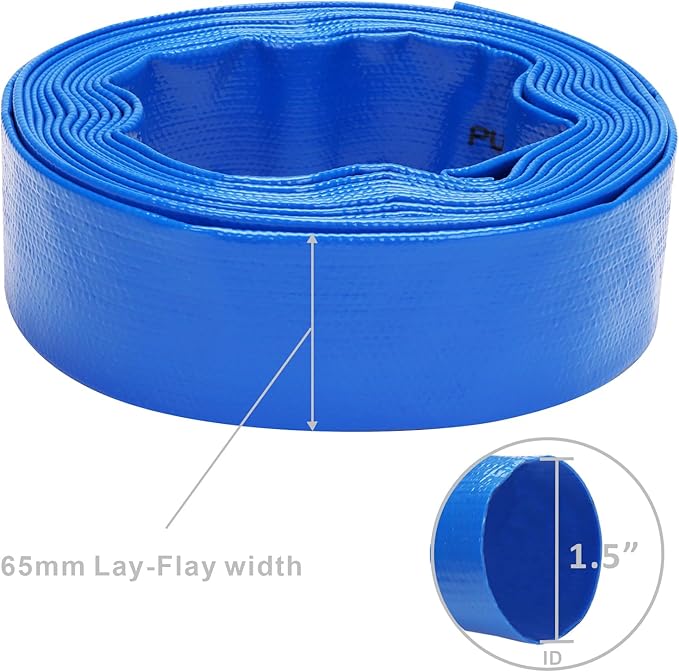Lay-Flat Pool Backwash Hose - 1.5" x 25Ft Reinforced Heavy Duty PVC Discharge Hose Weather-Proof Vinyl Pool Drain Hose for Water Transfer with 2 clamps