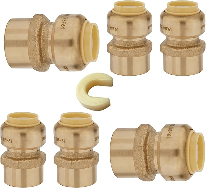 HeSun 6-Pack Pushfit Female Adapter, 3/4" FNPT x 3/4" Push to Connect Plumbing Fittings with Disconnect Clip, Brass Push-fit Fittings for PEX, Copper, CPVC, PE-RT Pipes