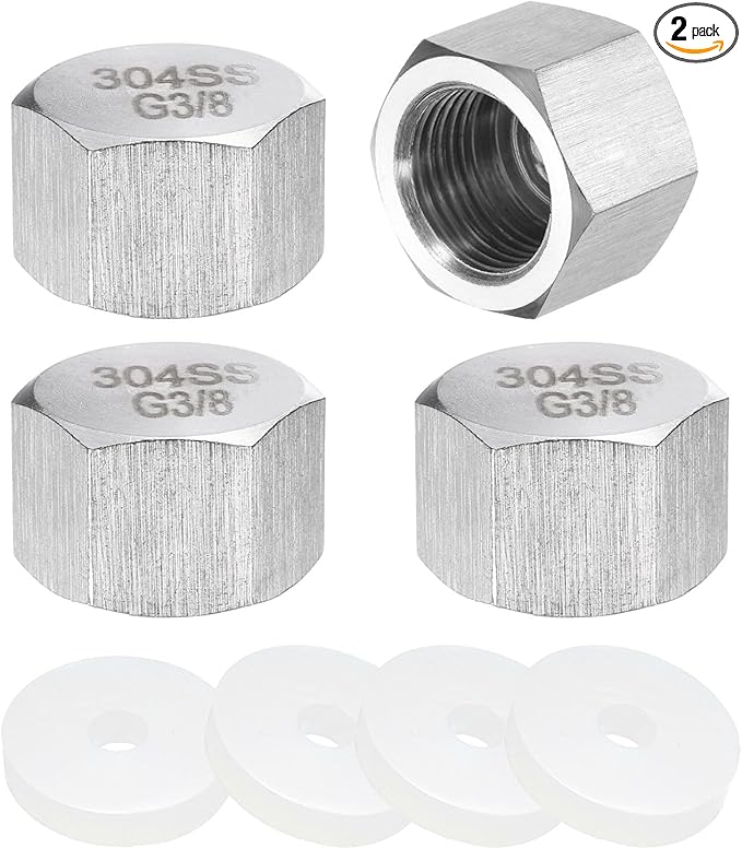 uxcell 2pcs Hex End Cap 304 Stainless Steel Nut with Washer, G3/8" Female Thread Pipe Fitting, Gas Line Water Line Stop Valve Cap Tubing Ends for Plumbing Fittings, Silver Tone