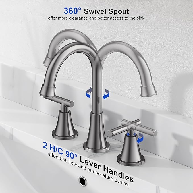 Bathroom Faucets for Sink 3 Hole, Hurran 8 inch Widespread Brushed Grey Bathroom Sink Faucet with Pop-up Drain and Supply Hose, Stainless Steel Lead-Free Faucet for Vessel Sink Vanity RV