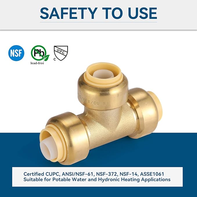 3/4" Pushfit Tee,5 Pack PEX Brass Push-fit Tee with 1 Pack Disconnect Clip, Push-to-Connect Plumbing Fittings for PEX, Copper, CPVC