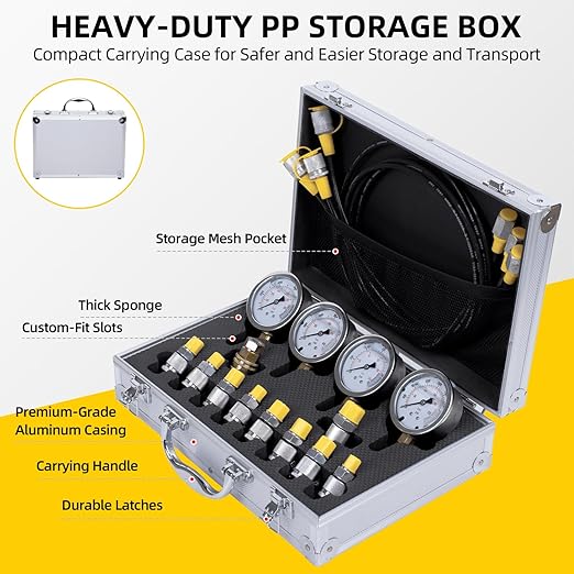 Hydraulic Pressure Test Kit with 4 Gauges (Max 10,000 PSI), 10 Test Couplings, 3 Test Hoses, Hydraulic Gauge Tester Set for Excavators, Construction Machinery, and Mining.