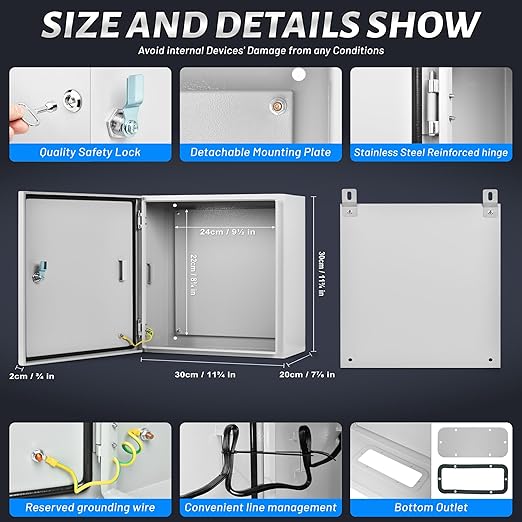 Steel Electrical Junction Box, 12 x 12 x 8 Waterproof & Dustproof Electrical Enclosure, Outdoor & Indoor Universal Project Box with Lock & Mounting Plate