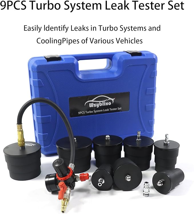 Turbo System Leakage Tester Kit, Turbo Pressure Leakage Tester for Cooling Emissions Exhaust Pipes, 9-Piece Turbo Boost Leak Tester Set with Stepped Adapters 1-3/8" to 3-1/2"