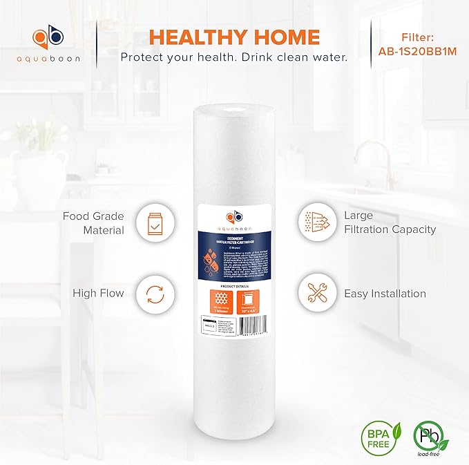 Aquaboon 1 Micron 20 x 4.5 Sediment Water Filter Replacement Cartridge | Whole House Sediment Filtration | Compatible with AP810-2, SDC-45-2005, FPMB5-20, P5-20, FP25B, 155358-43, 2 Pack