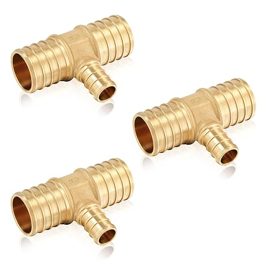 3-Pack HeSun PEX Fittings, 1"x1"x1/2" Pex Tee, Brass Crimp Fitting for ASTM F1807(PEX1807086-3)