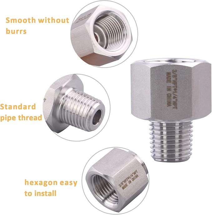Forged Reducer Adapter Fitting - Stainless Steel 304 Reducing Pipe Connector, 3/8" NPT Female x 1/4" NPT Male (pack of 5)