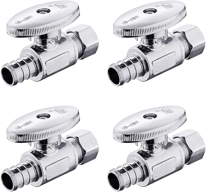 (Pack of 4) EFIELD 1/4 Turn Straight Stop Valve 3/8" OD Compression X 1/2" Barb Crimp Pex Chrome Plated Brass,(VALVE085-4PCS)