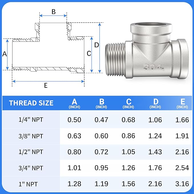 ChillWaves 304 Stainless Steel Pipe Fitting, Male Run Tee 3/4" NPT Female x 3/4" NPT Female x 3/4" NPT Male Thread Adapter(2-PACK)