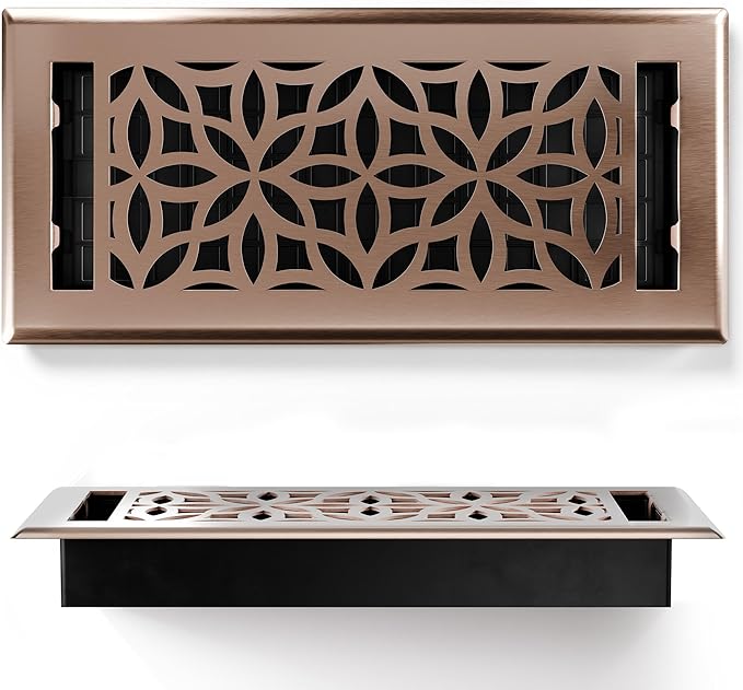 Floor Register 4x10 Vent Cover – 2 Pack – Heavy-Duty Steel, Rustproof & Walkable Grates, Drop-in Install, Adjustable Air Supply Switch - Decorative Floral Design, Satin Bronze