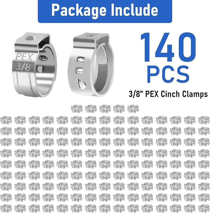 Kodilin 140-Pack 3/8 Pex Crimp Rings, Heavy-Duty 304 Stainless Steel Single Ear Pex Clamps Wider & Thicker Pex Cinch Clamps for Superior Grip & 360° Seal, Fits PEX Tubing Pipe Fitting Connections